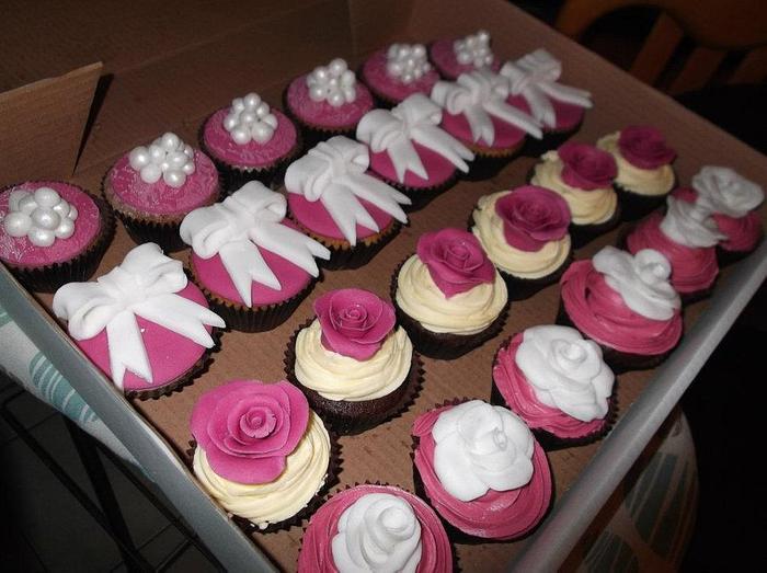 My first ever cupcakes, vintage pink, pearls, roses, lace, bows