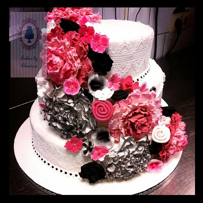 Black, White & Fuchsia Wedding cake