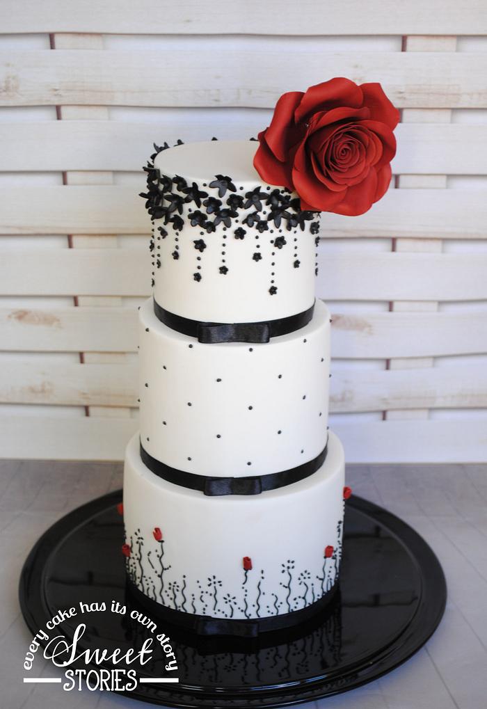 Black & White Wedding Cake with Red Rose