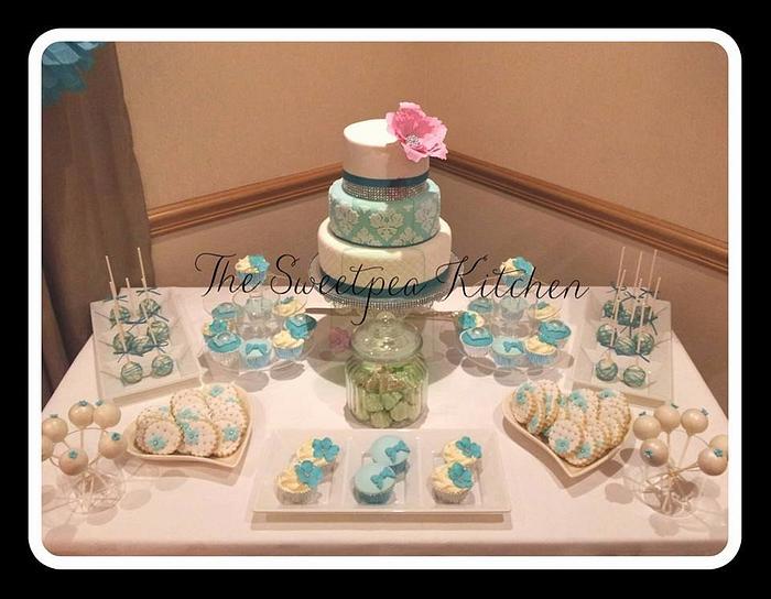 Mehgan ~ Teal, white and pink cake with matching dessert table 