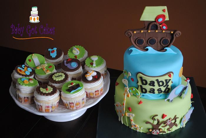 Noah's Ark Baby Shower Two Tier & Cupcakes