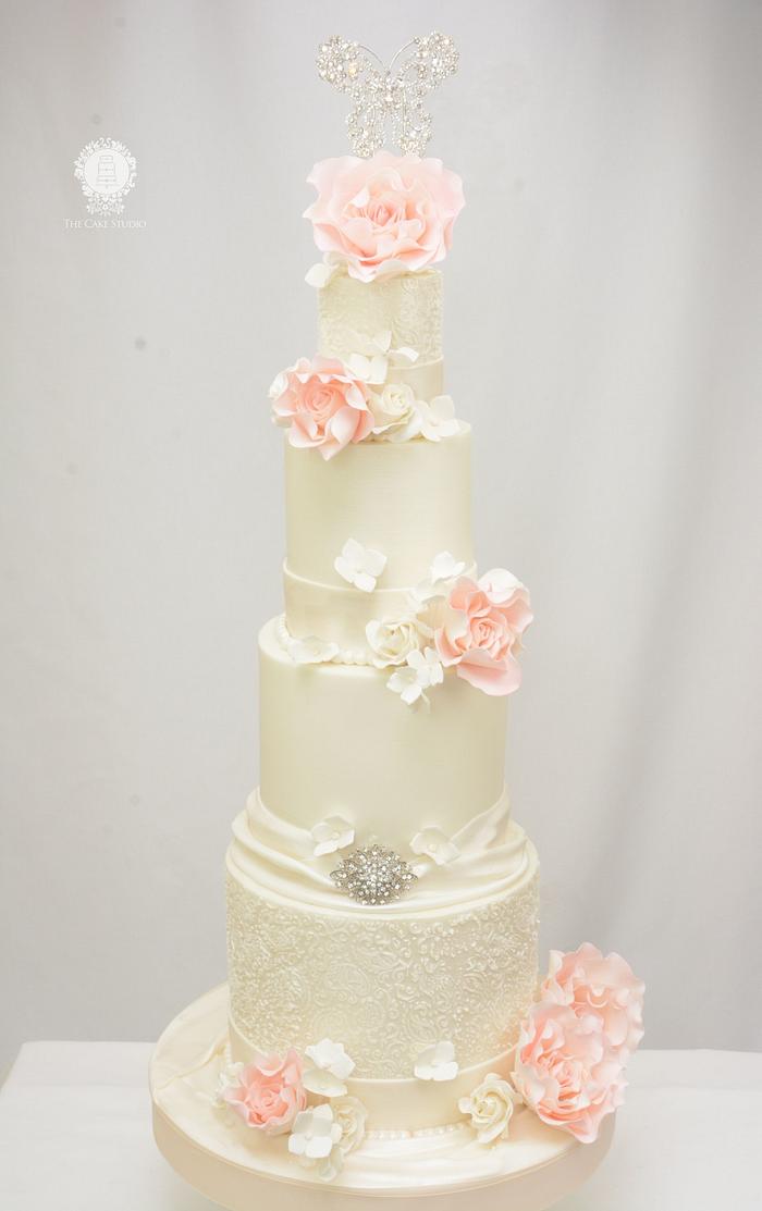 Ivory and Coral  Wedding Cake