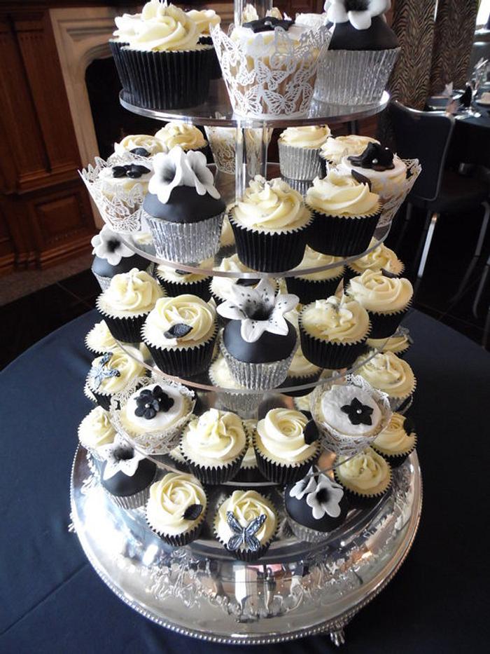 Black and white wedding cupcake tower
