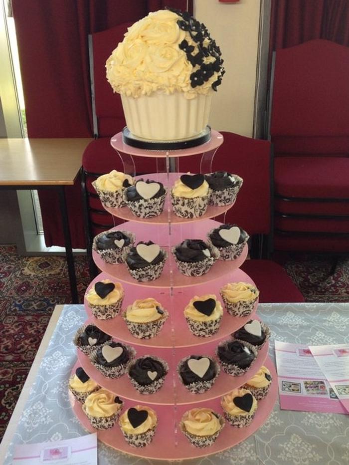 Black and white wedding cupcake tower