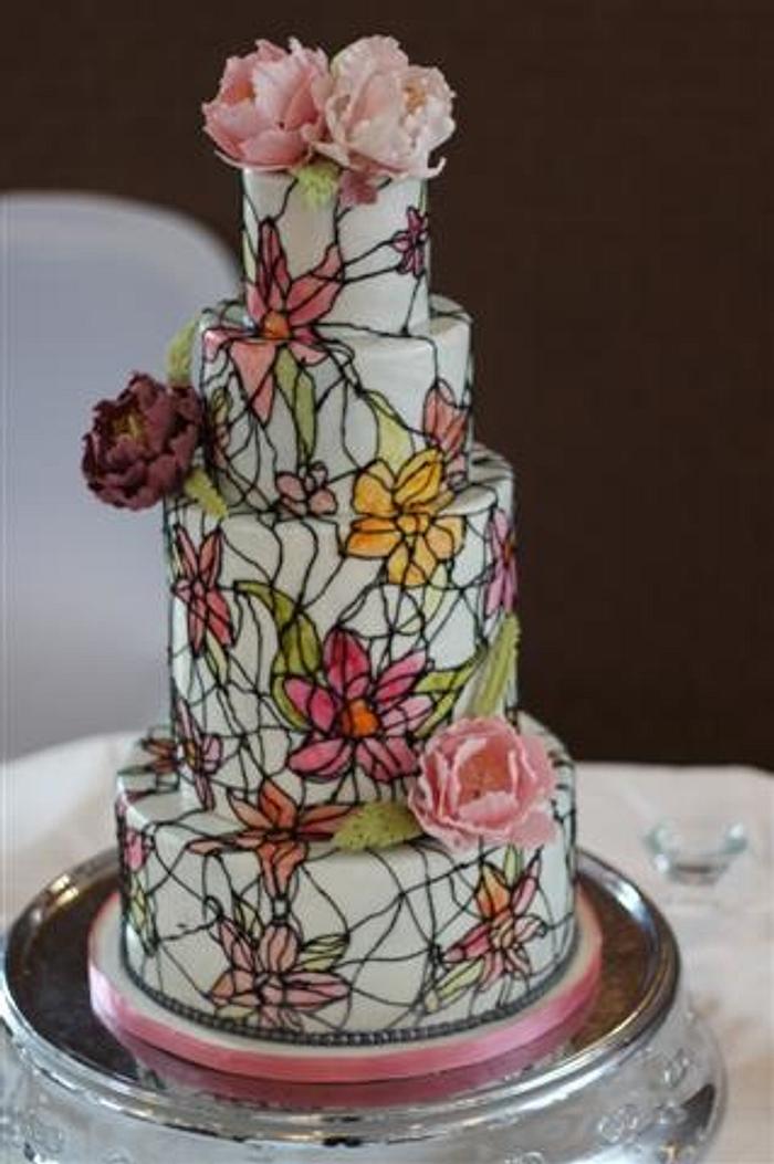 Stained Glass Wedding Cake with Sugar Peonies