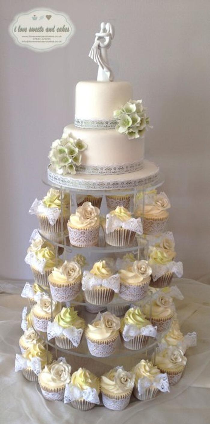 Hydrangea and roses cupcake wedding tower