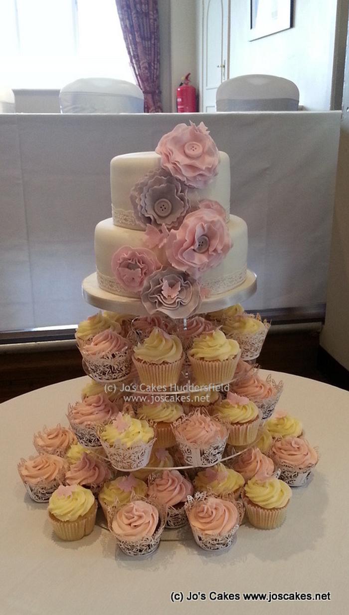 Pink and Mink Ruffle Flowers Cupcake Tower