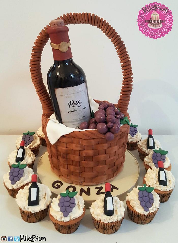 Wine basket, cake & cupcakes