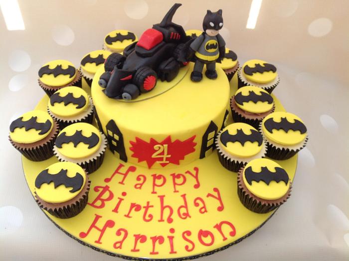 Batman birthday cake with cupcakes