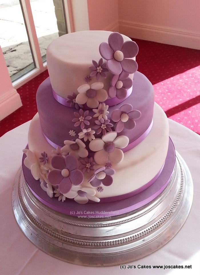 Purple and White 3 Tier Blossoms Wedding Cake