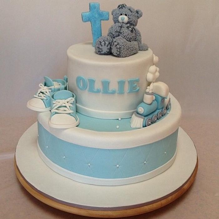 Taddy teddy, trains and booties baptism cake