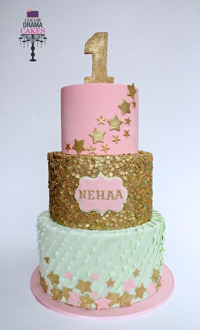 Mint green, Peach and Golden themed cake 