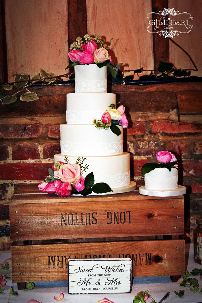 vintage style wedding cake on crates