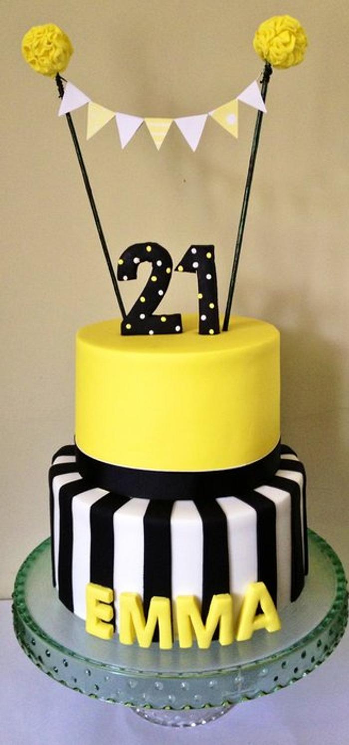 Yellow Black and White 21st cake
