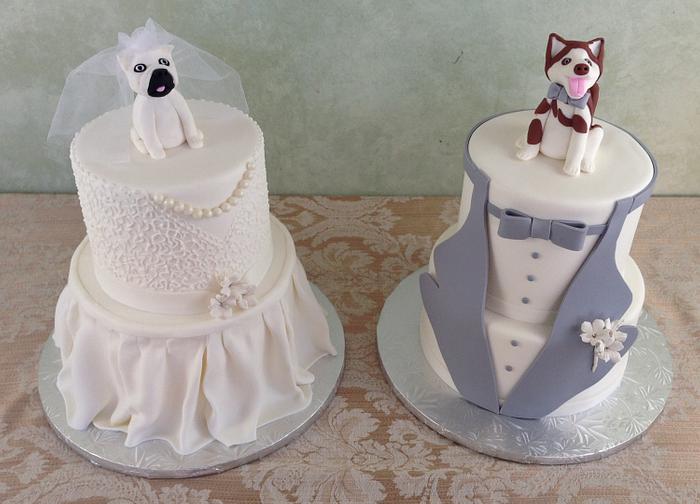 Bride and Groom cakes with dog toppers