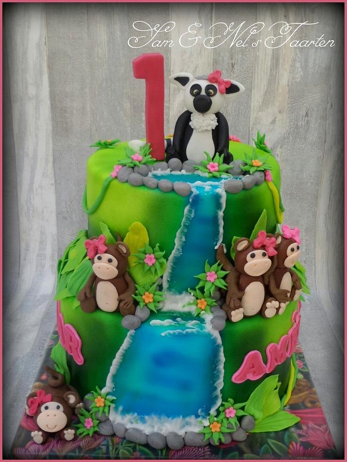 Premium AI Image | a painting of animals in the jungle with a birthday cake  and a bunch of other animals.
