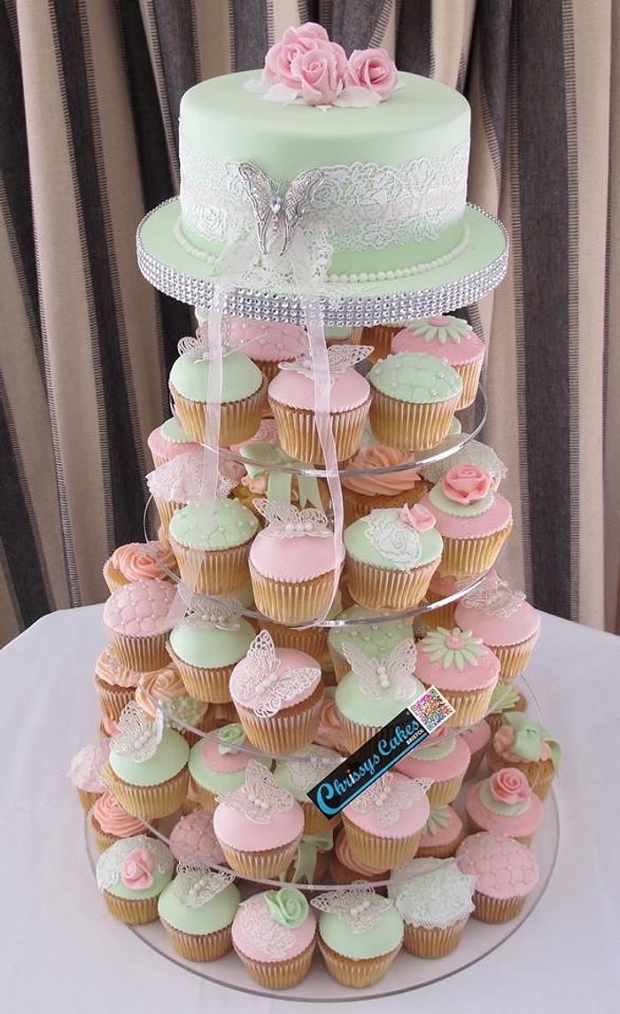 Cupcake tower with a semi vintage theme