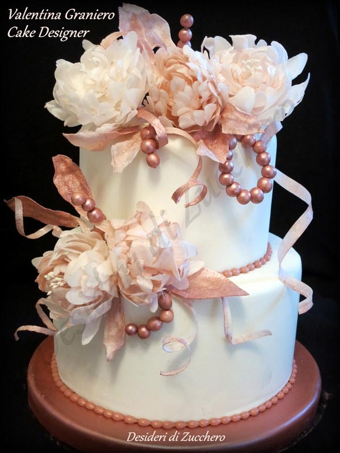 Romantic cake with wafer paper flowers 