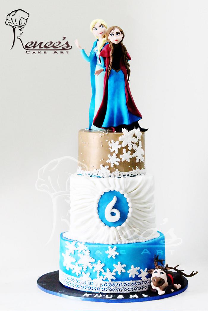 Frozen Themed Cake with Edible Elsa Anna & Reindeer