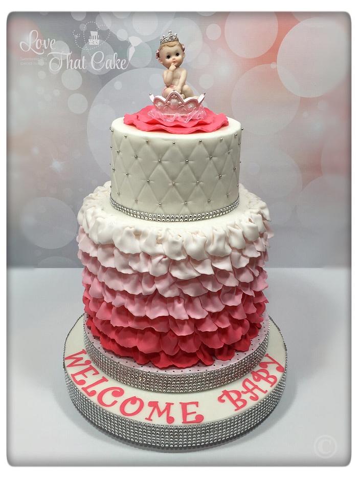 Pink ruffles ombré baby shower cake 
