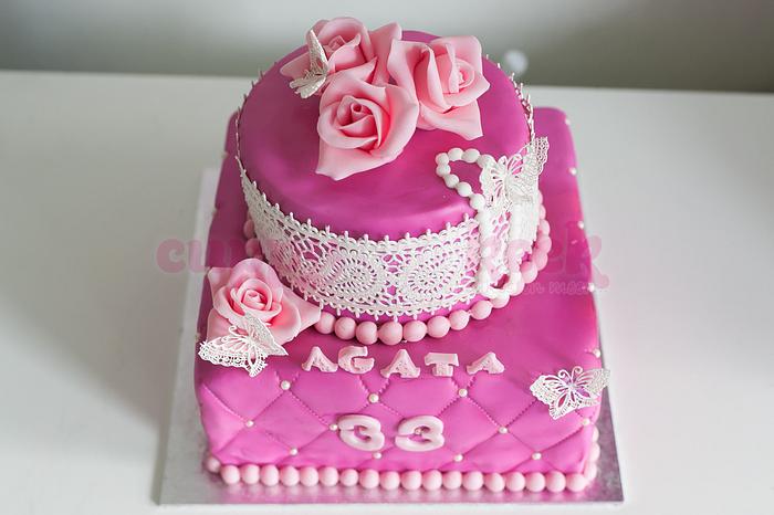 Birthday cake with roses and lace