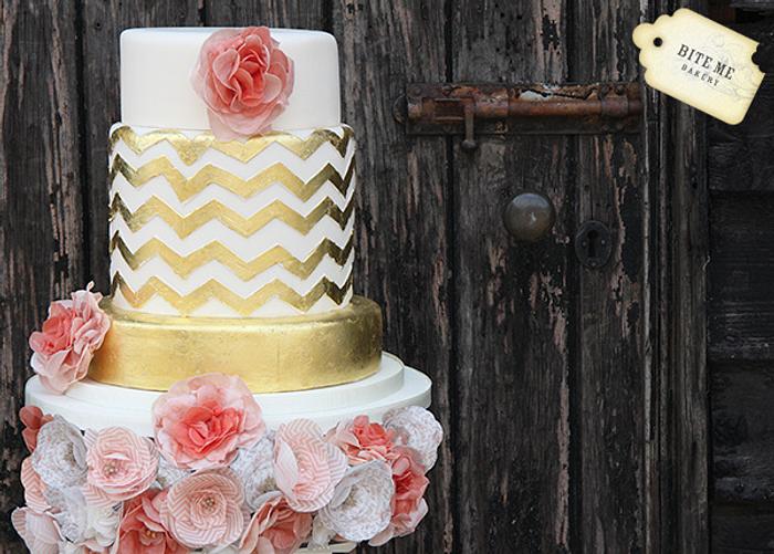 Gold chevron wedding cake with patterned wafer paper flowers