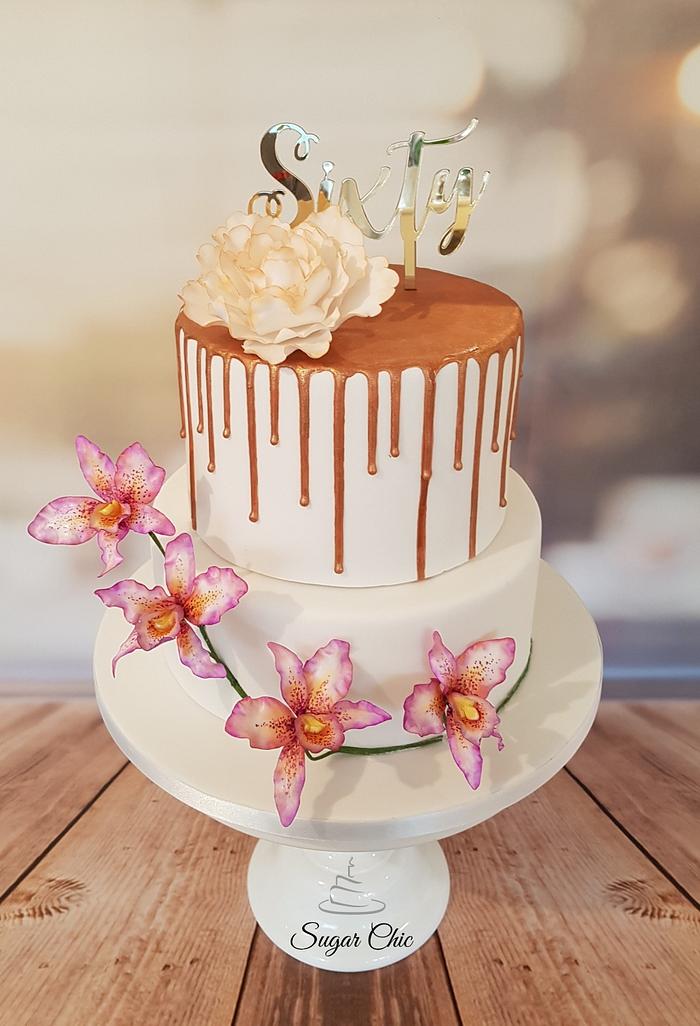 Rose-Gold Peony & Orchids Drip Cake
