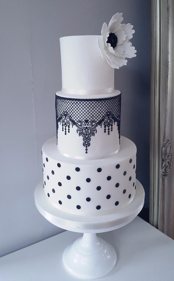 Black and White Lace Polka Dot Wedding Cake