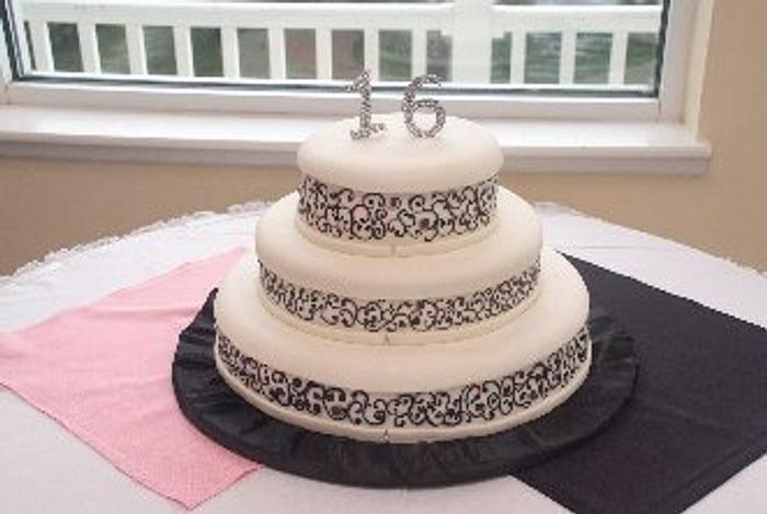 Sweet Sixteen Hand Painted Scrolls with Silver and Peach accenting Cake