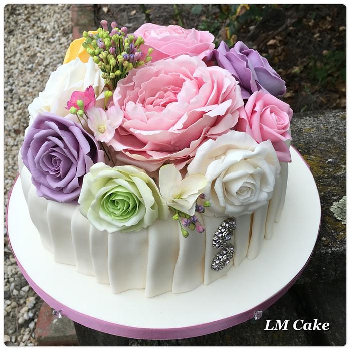 Summer Garden Passion Fruit 80th Gateau with Freeform Roses, Peony and Hydrangeas