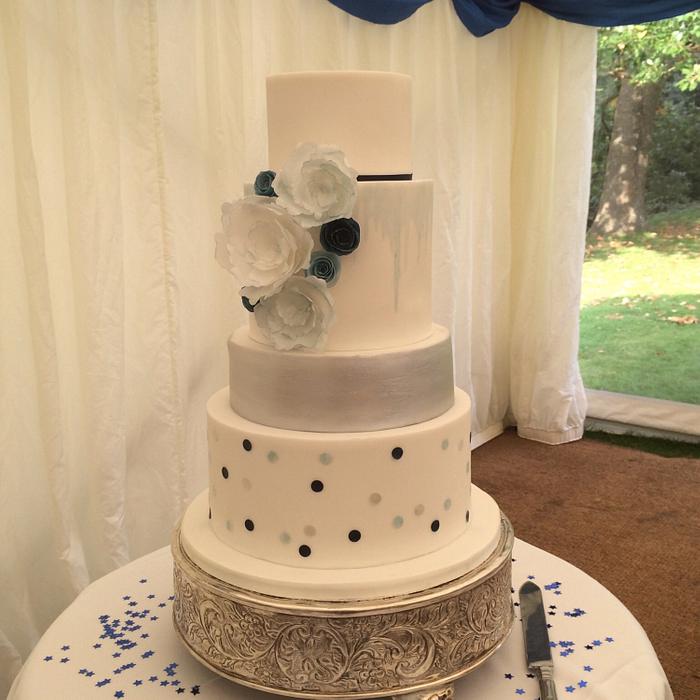 Blue, White and Silver Modern Wedding Cake