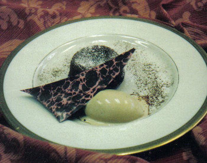 Molten Chocolate Cake with Coffee Ice Cream and a Chocolate Shard