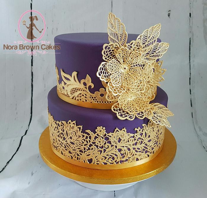 Purple and Gold lace wedding cake