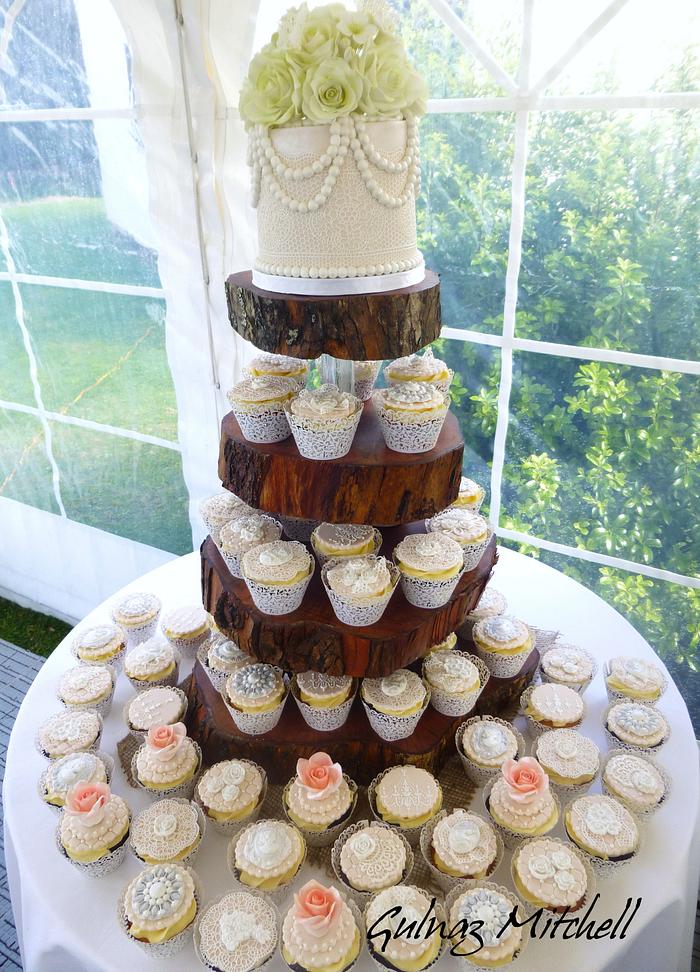 Vintage-rustic wedding cake and cupcake tower
