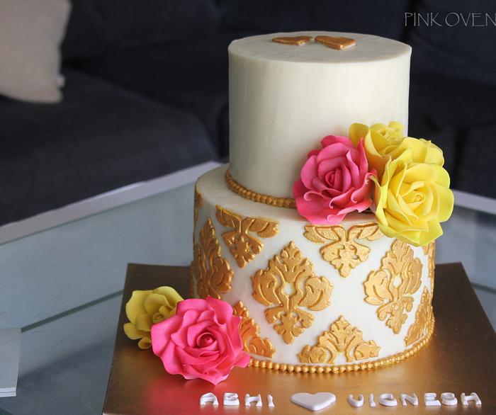 Gold damask wedding cake