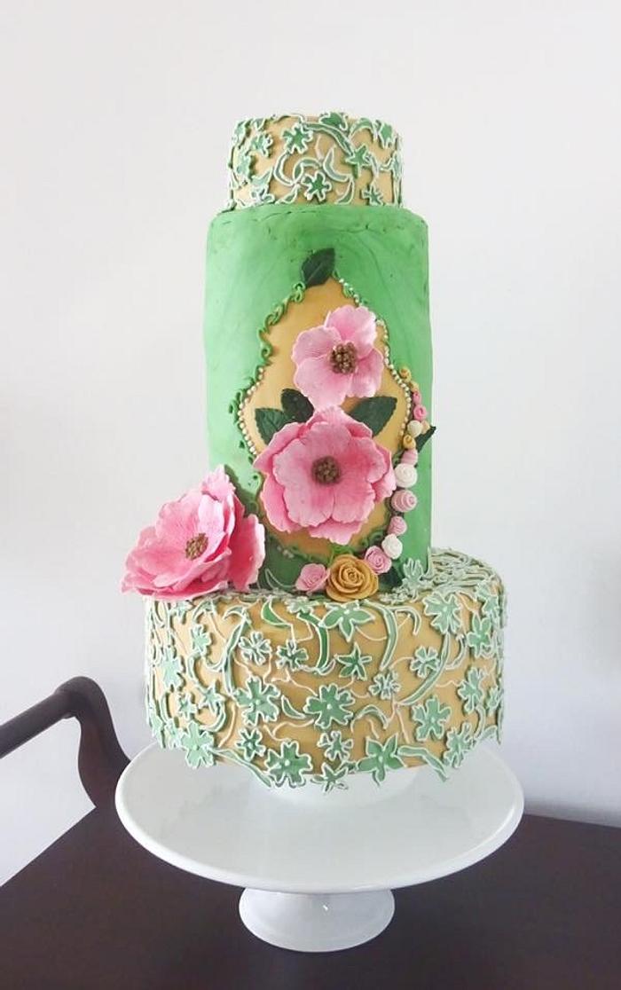 Lace work wedding cake with gumpaste peonies 