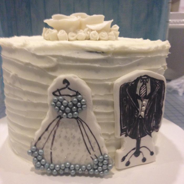 Ruffle Wedding Cake with Bride/Groom Dress/Tux Cut-Outs