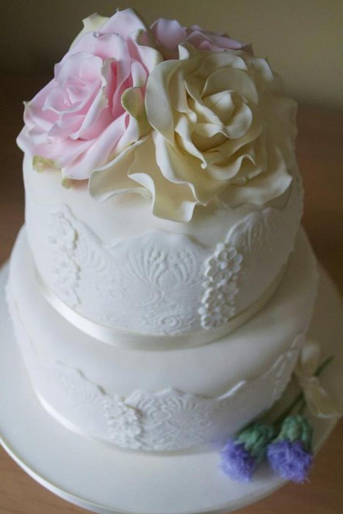 Roses & Thistle Lace Wedding Cake 