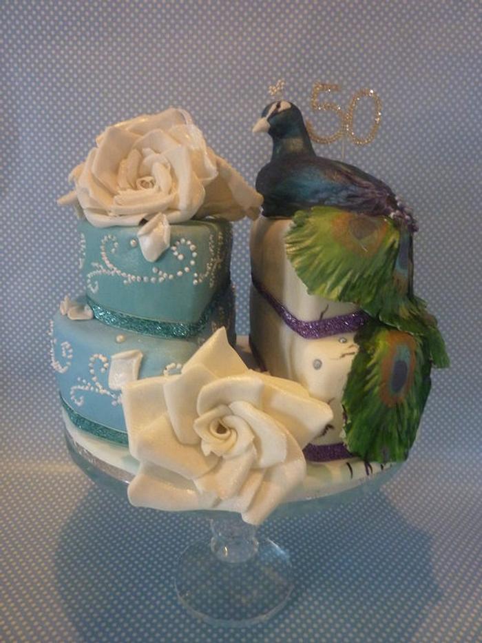 Peacock and roses split cake.