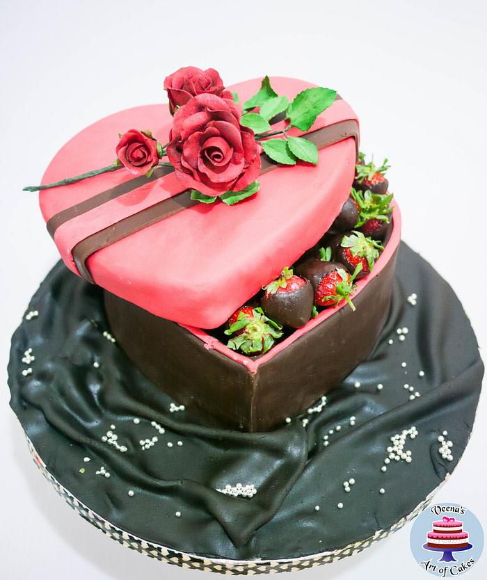 Heart Gift Box Cake with Chocolate Coated Strawberries 