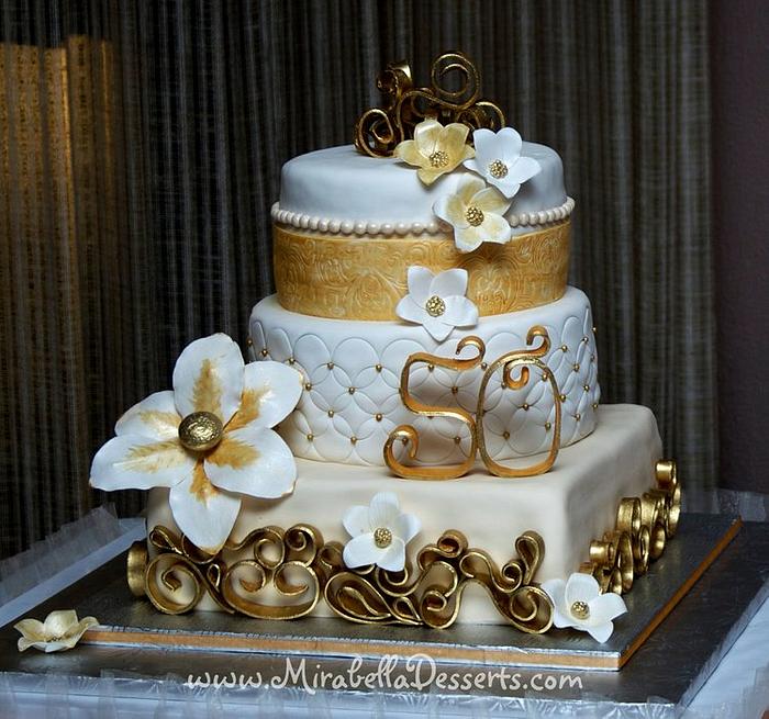 Gold and white 50th anniversary cake