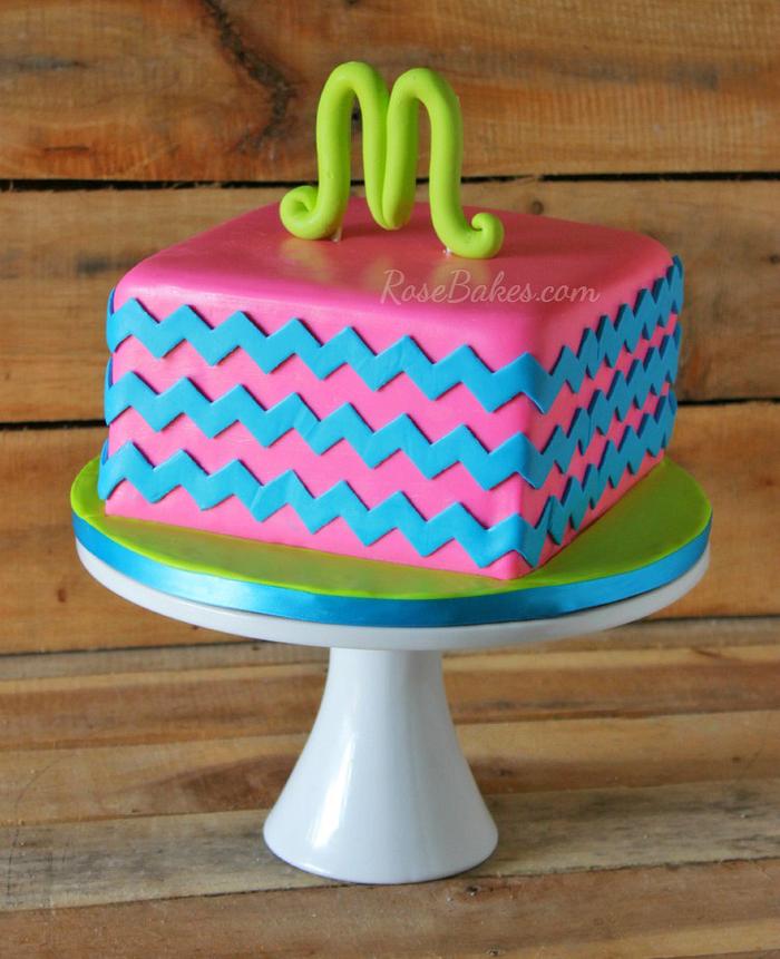 Hot Pink Chevron Cake with Monogram Topper