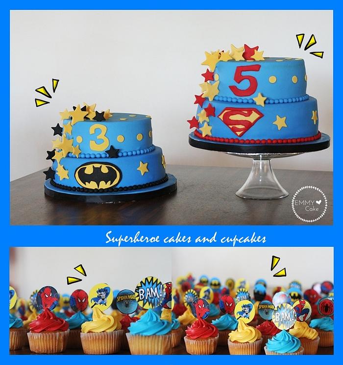 Superheroe and stars cake and cupcakes