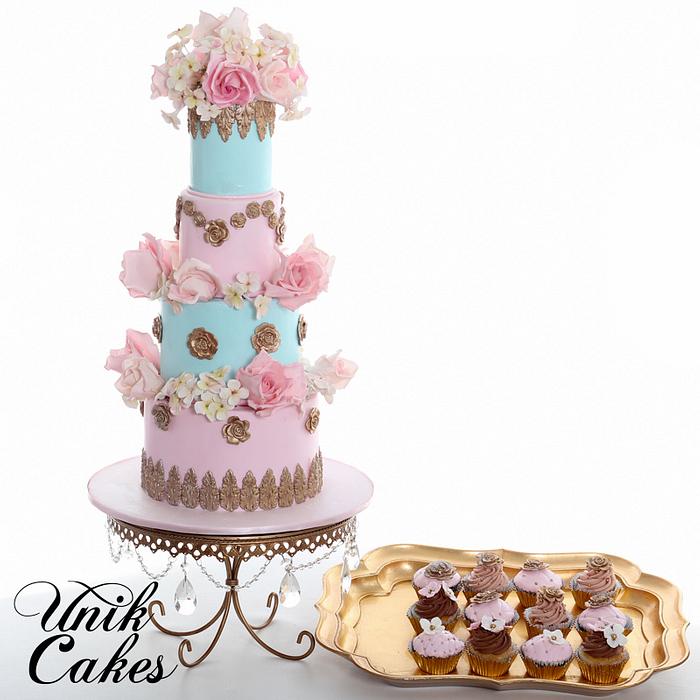 Marie Antoinette baby shower cake and cupcakes
