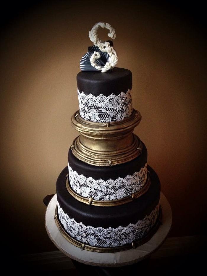 Lace and black wedding cake 