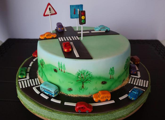 Cars cake & hand painted scenary