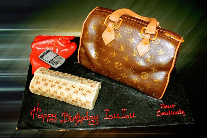 LV bag and Gucci wallet cake
