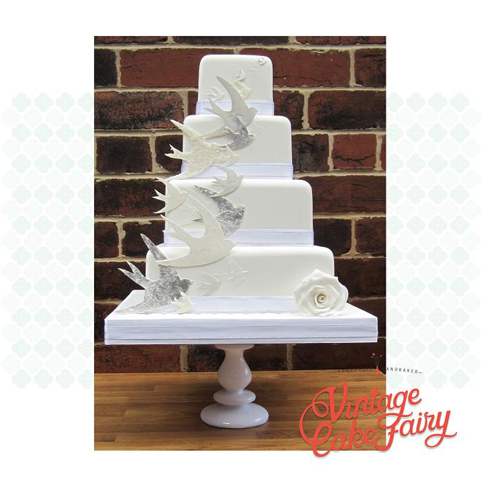 Silver Birds Wedding Cake