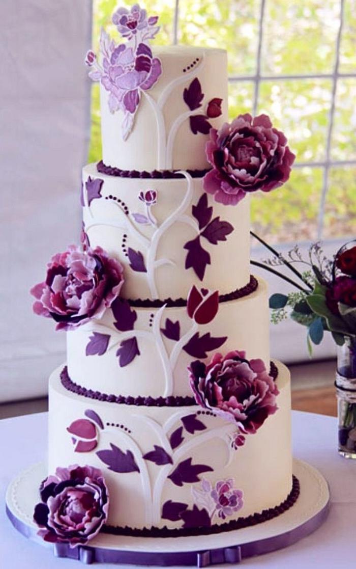 A four- tier Purple Peony Wedding Cake