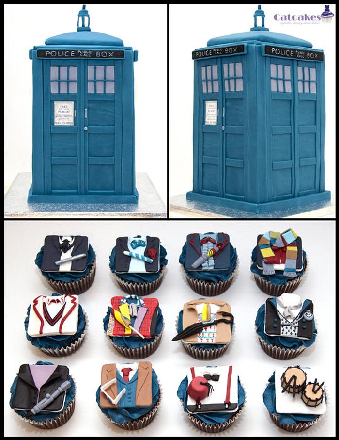 Tardis cake and Dr Who cupcakes